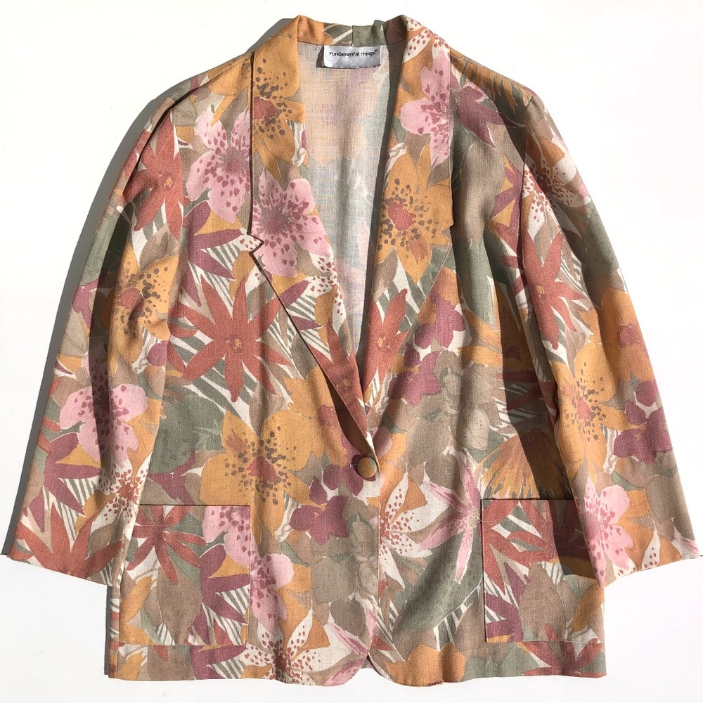 Fundamental Things blazer women size 18 vintage floral earth tones orange green